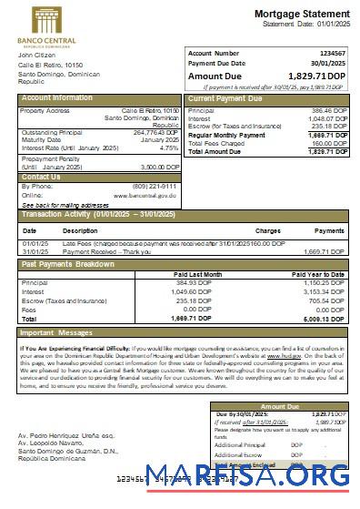 Realistic Dominican Republic Central Bank bank mortgage statement scr sample